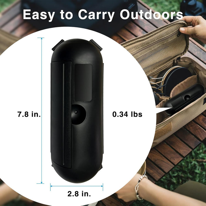 Black Extension Cord Cover being shown with measurements and a person opening a suitcase outdoors.