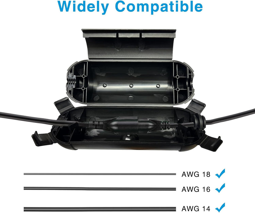 Black electrical cable gland with wires labeled AWG 18, AWG 16, and AWG 14 on a white background.