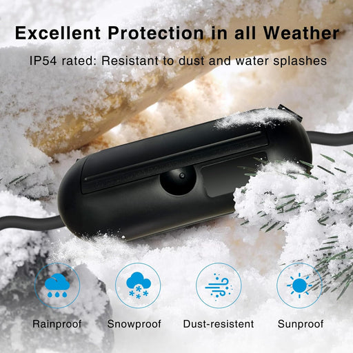 Black Extension Cord Cover surrounded by snow with text about weather resistance and IP54 rating.