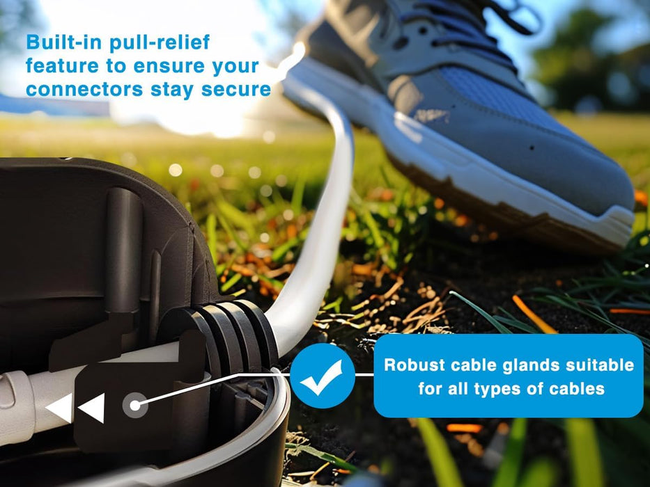Close-up of a cable with a robust Extension Cord Cover, blue shoe in the background