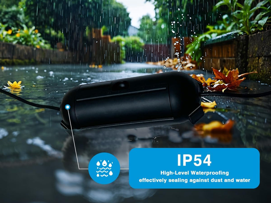 Black waterproof Extension Cord Cover on a wet surface with 'IP54' rating label