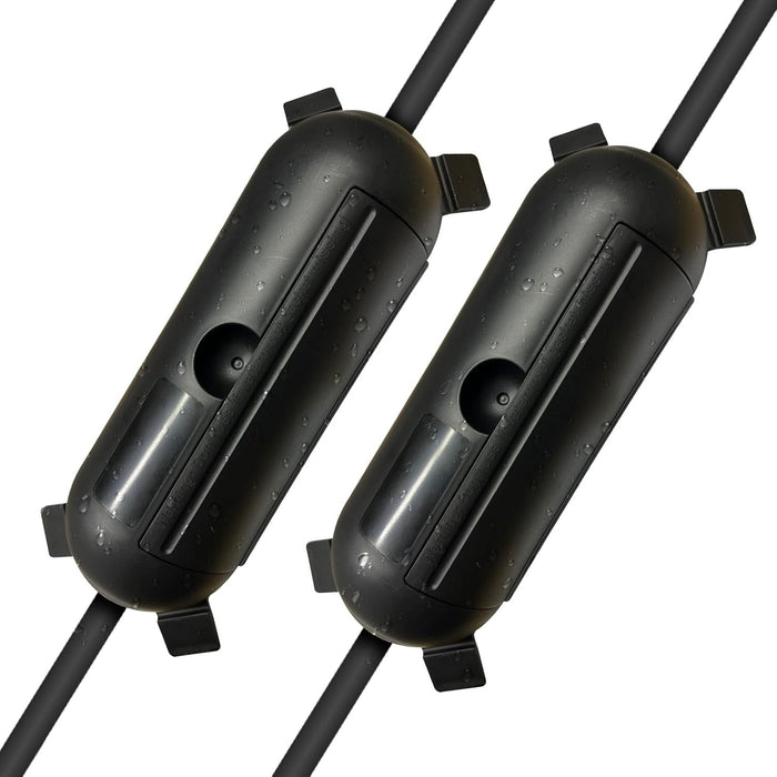 Two black Extension Cord Cover with wires on a white background