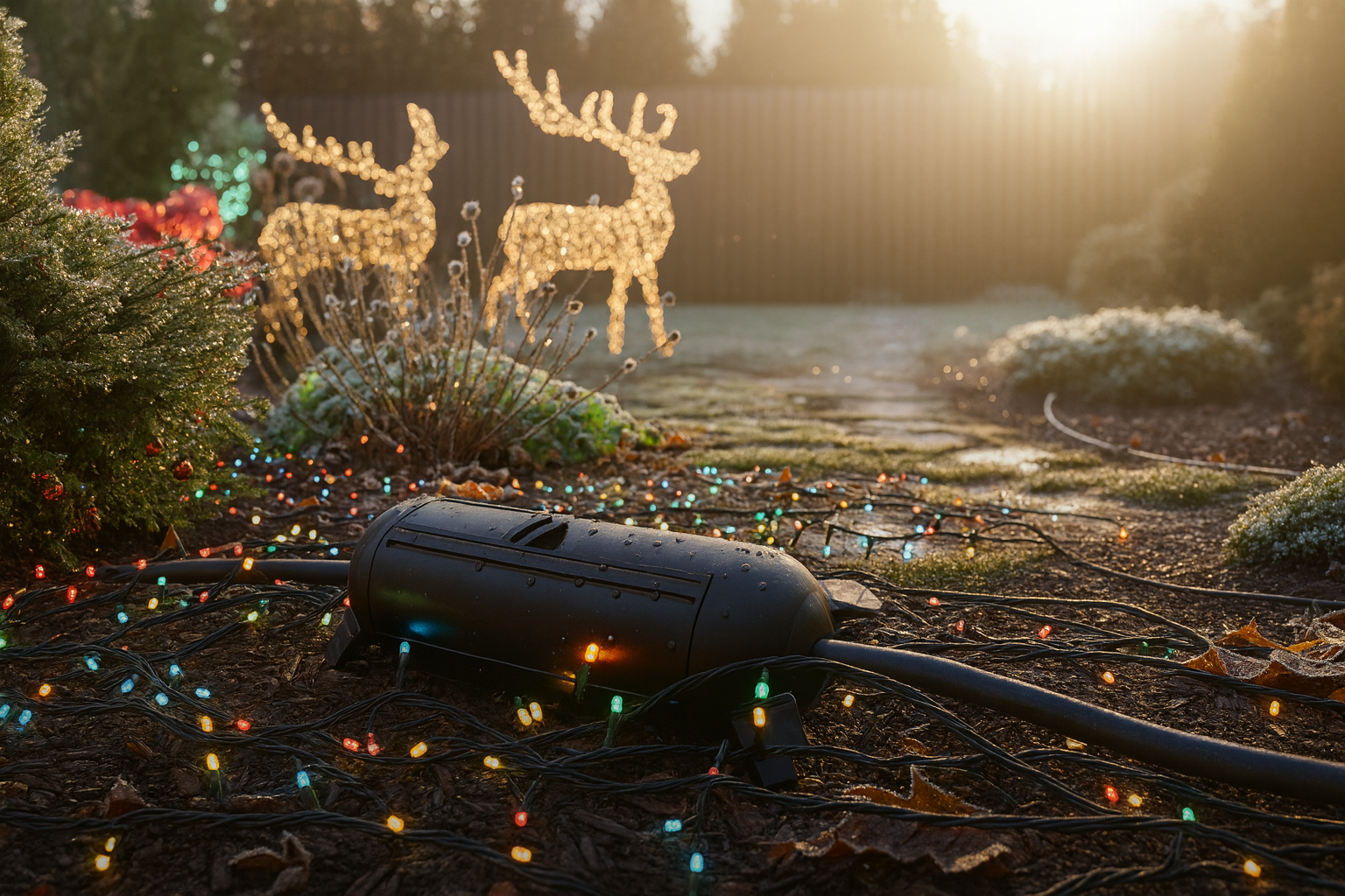 Holiday-themed outdoor scene showing Dicio IP54 waterproof junction box used to protect wiring for Christmas lights and decorations