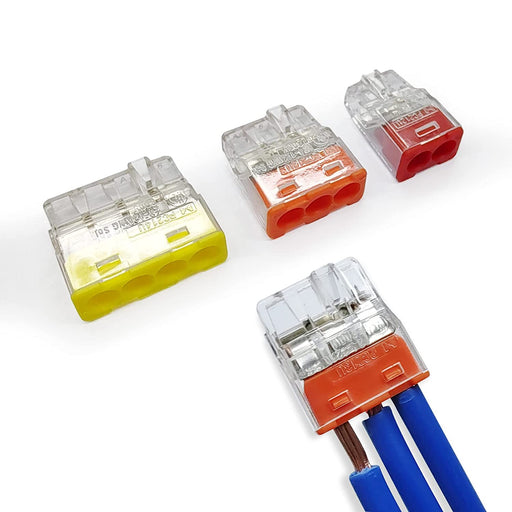 Dicio's color-coded push-in wire nuts for easy identification: red for 2 poles, orange for 3 poles, yellow for 4 poles.